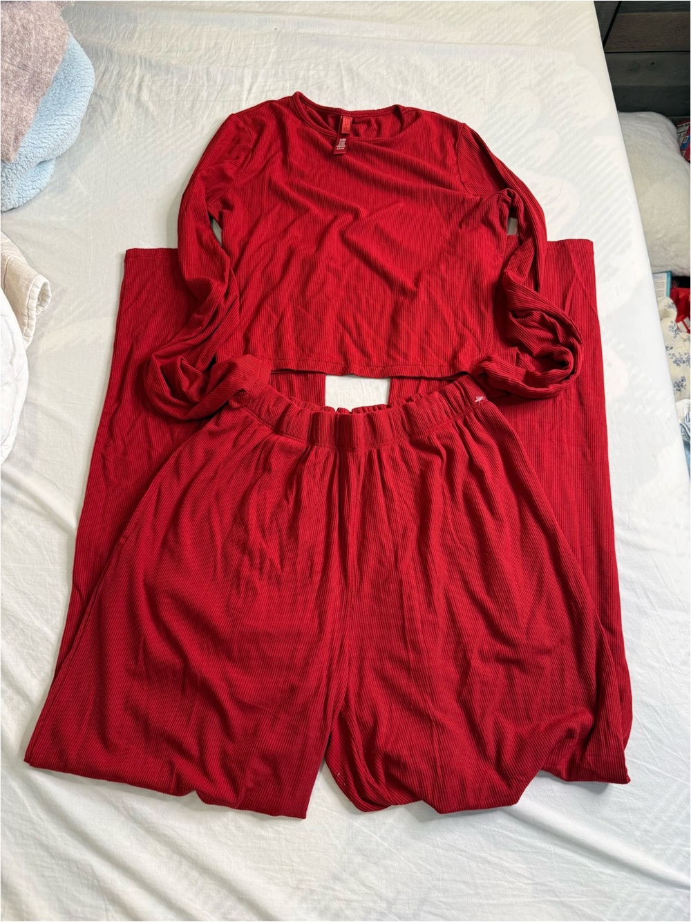 Red Ribbed Long-Sleeve Pajama Set - Women's Intimates